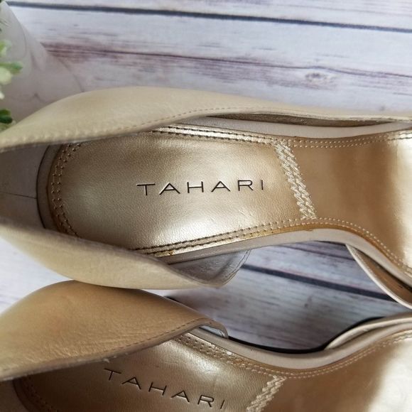TAHARI Beige Leather High Heel Open Toe Platform - Picture 7 of 7
